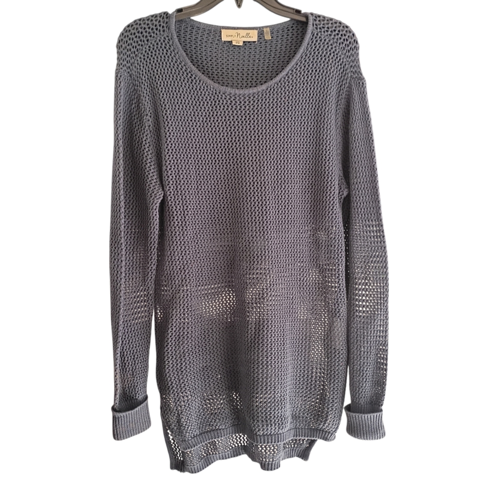 EUC Simply Noelle Gray Open-Knit Mesh Tunic Women S/M (8-10) Comfy Long Sleeve